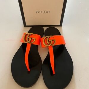 Gucci Marmont GG Thong Sandals EU 37 1/2 US 7 1/2 Orange Logo Flip Flop